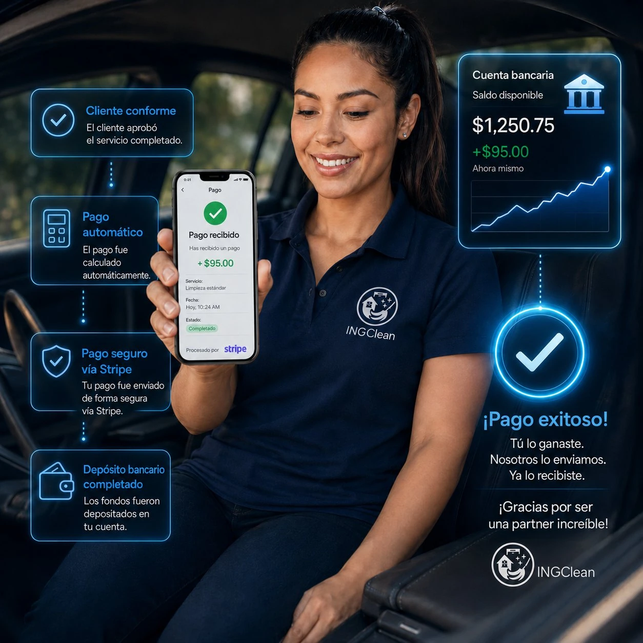 Partner viendo en su celular el pago recibido de forma segura vía Stripe tras completar un servicio