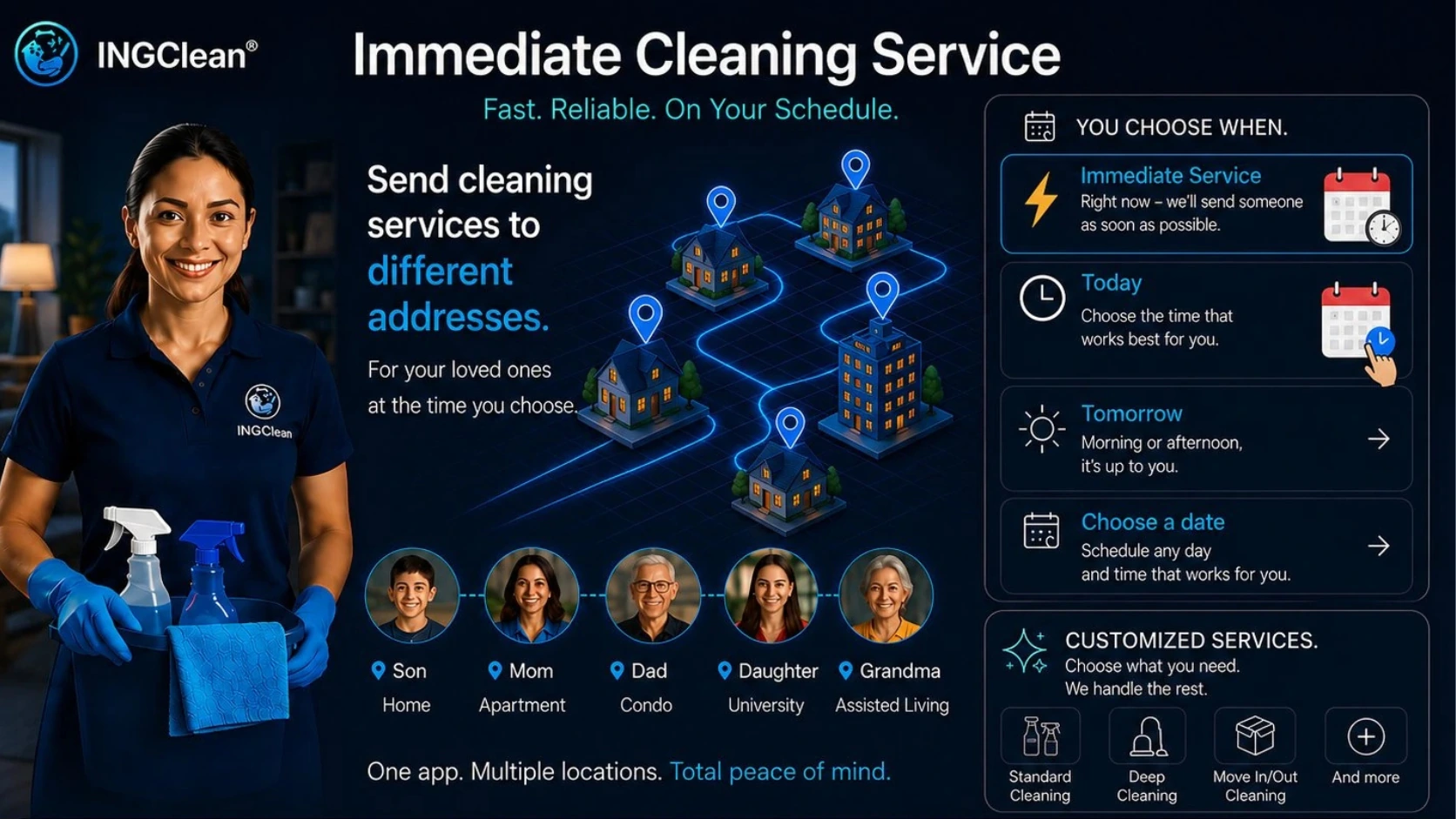 Immediate cleaning service: send visits to different addresses, choosing when and where.