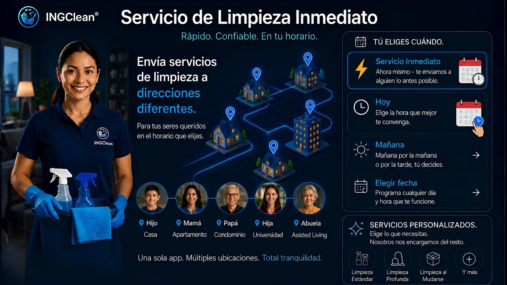Servicio de limpieza inmediato: envía visitas a distintas direcciones, eligiendo cuándo y dónde.